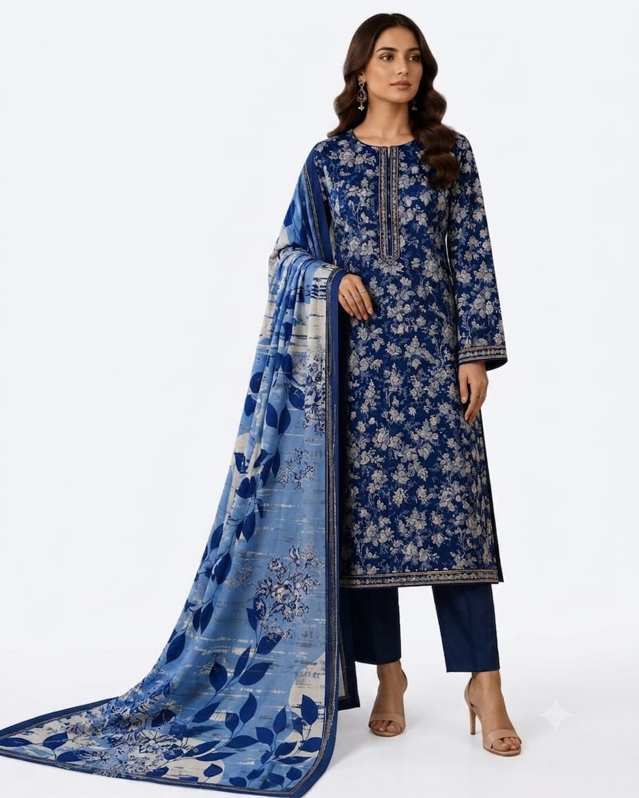 Navy 3 Piece Lawn Suit